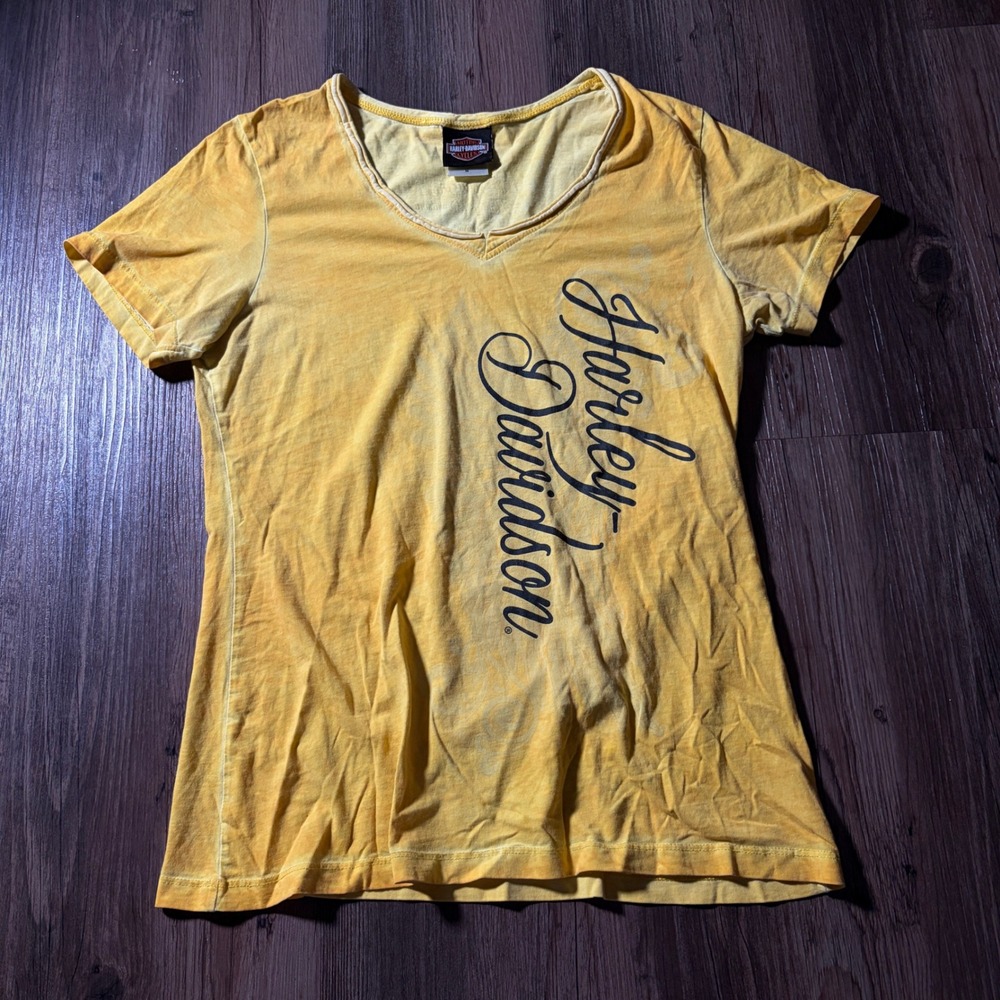 Harley Davidson Womens Yellow Graphic V Neck T Shirt Size‎ Medium